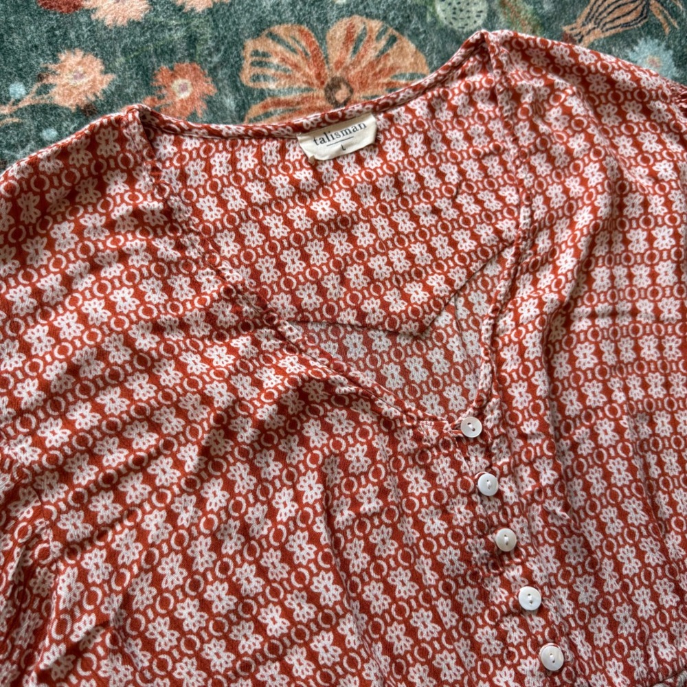 Talisman Rust Orange White‎ Geometric Boho Smocked Crop Top Blouse Large L